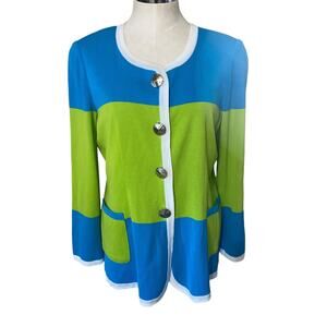 Exclusively Misook Blue Green Colorblock Long Sleeve Cardigan Sweater Size M